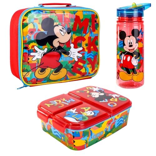 Image of Disney Mickey Mouse Kids Childrens Lunch Box Set – Insulated Lunch Bag, Multicompartment Lunch Box & 580ml Water Bottle - School Travel Lunch Food Set, BPA Free