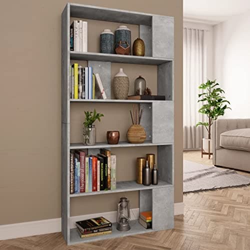 Image of SooIarix Concrete Grey Bookcase, 80 x 24 x 159 cm, Wood Material, Standing Shelf with 5 Compartments, Versatile Room Divider for Living Room, Office and Hallway