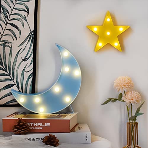 Image of GUOCHENG Lovely Moon&Star Night Light Set Battery Operated LED Star Marquee Sign Decorative Moon Table Lamps for Baby Children Bedroom Nursery, Christmas Birthday Gifts(Blue Moon&Yellow Star)