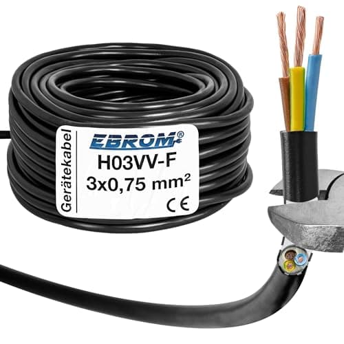 Image of EBROM Round Plastic Hose H03VV-F 3 x 0.75 mm², Colour: Black, Various Lengths in increments of 5 m up to 200 m, 3G0.75 mm², Cable Length: 10 m