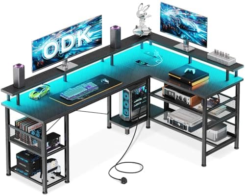 Image of ODK L Shaped Gaming Desk with LED Lights & Power Outlets, 150×102cm Reversible Corner Desk with Storage Shelves, Computer Desks with Monitor Stand, Carbon Fiber Black
