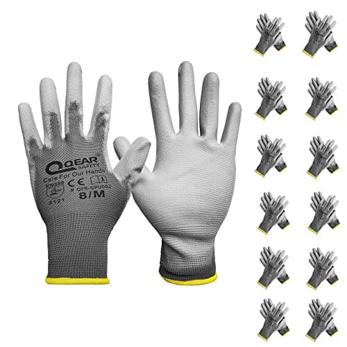Image of QEARSAFETY 12 Pairs PU Palm Coated Work Safety Gloves, Knitted Liner, Multi-Function, Light-Weight, Thin, Sensibility, Grip and Breathable for All Kinds Of General Purpose Works (9/L, Grey)