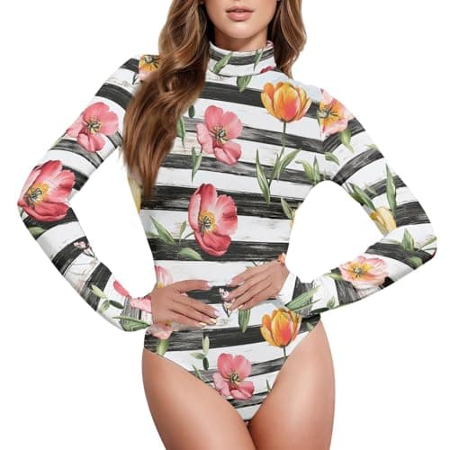 Image of CHIFIGNO Women Mock Neck Long Sleeve Jumpsuit Fashion Jumpsuit for Women, Watercolor wildflowers black stripes, S