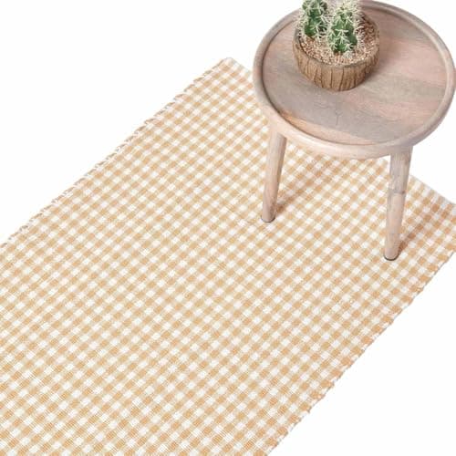 Image of HOMESCAPES 100% Cotton Checkered Gingham Runner Handwoven Beige White 66 x 200 cm Check Hall Runner for Living Room Bedroom and Hallway
