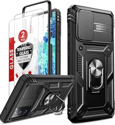 Image of LeYi for Samsung Galaxy S20 FE Case with Slide Camera Cover and 2 Tempered Glass Screen Protector, S20FE Phone Case with Ring Holder Heavy Duty Shockproof Hard Armour Phone Cover for S 20 FE, Black