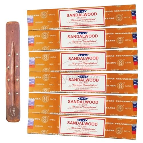 Image of Satya Nag Champa Sandalwood Incense Sticks | x6 pack | with SAMASIA incense sticks holder | Used for Aromatherapy, Spa, Yoga, Weddings, Meditation, Healing, Positivity and Relaxation