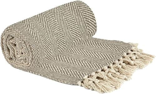 Image of Emma Barclay Herringbone - Recycled Cotton Patterned Chair Sofa Setee Bed Throw Over Blanket in Natural - 50x60 (127x152cm)