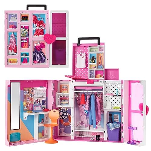 Image of Barbie Closet Playset with 35+ Accesories, 5 Complete Looks, Pop-Up 2nd Level, Full Length Mirror, Laundry Chute, Dream Closet, HBV28