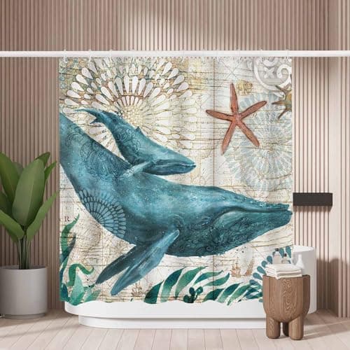 Image of Woutay Shower Curtain Mould Proof Resistant Whale Retro Map,Water Repellant Fabric,Polyester,with 12 Plastic Hooks