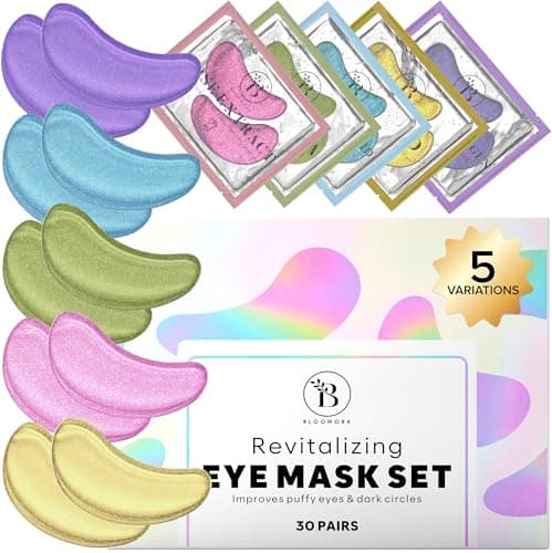 Image of BLOOMORA Variety Box Under Eye Gel Patches (30 PAIRS), Under Eye Patches for Puffy Eyes & Dark Circles, Hyaluronic Acid + Collagen Gel Pads for Reducing Appearance of Puffiness & Increased Hydration