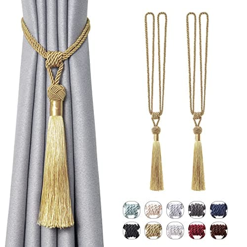 Image of Pretty Jolly 2 Pack Long Tassel Curtain Tiebacks Handmade Braided Rope Knot Drape Tie Backs European Style Decorative Curtain Holdbacks for Home & Office Window Drapery (Gold)