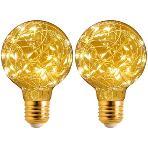 Image of Terafeels 2 Pack G80 LED Light Bulb, 2700K Warm White, 2W, Amber Glass, Edison Screw Bulb, E27 Vintage Light Bulb, 30 LED Beads String Lights, Decorative Light Bulb