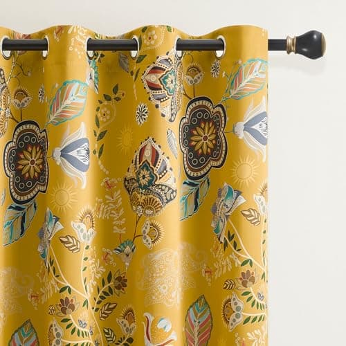 Image of XiDi Mustard Yellow Patterned Blackout Curtains 84 Inches Long Vintage Floral Curtains for Bedroom Living Room 2 Panels Thermal Insulated Grommet Top Luxury Mid Century Colorful Drapes 52x84