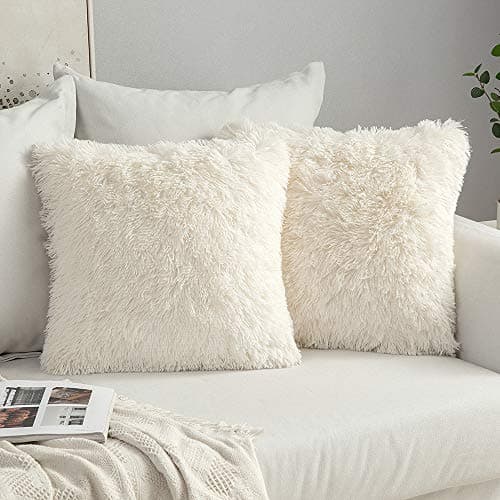 Image of MIULEE Pack of 2 Faux Fur Throw Pillow Cover Fluffy Soft Decorative Square Pillow covers Plush Case Faux Fur Cushion Covers For Chair Livingroom Sofa Bedroom 24x24 Inch 60x60cm Cream white