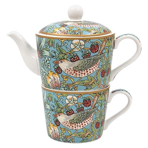 Image of The Leonardo Collection William Morris Strawberry Thief Tea for One 250ml Cup and 400ml Pot for Home & Kitchen | Lovely Tea Pot Gift for Women & Men | Stylish Fine China Teapot Cup Set for Daily Use