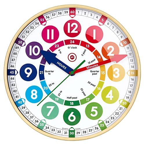 Image of Temple Lodge Children’s Learning Large 12” Wall Clock – Early Development and Activity, Learn to Tell the Time- Safe Acrylic Face, Silent Sweep Mechanism