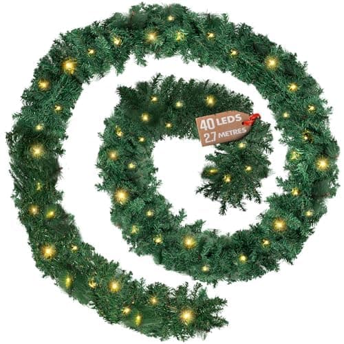 Image of GloBrite 2.7M Christmas Garland with 40 Warm White LED Lights (280 Tips) - Pre-Lit Fireplace Garland Christmas Decoration, Battery-Powered Christmas Garlands for Home Decoration Christmas & More