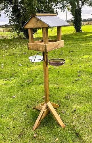 Image of Wooden Wild Bird Table Feeding Station Water Dish and Mesh Feeder Slate Roof Heavy Duty