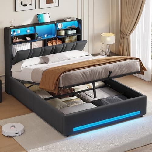 Image of DICTAC 4ft6 Double Ottoman Storage Bed with RGB LED Lighting, Upholstered Bed Frame with Charging Station & Bookcase Headboard, Hydraulic Lift Up Storage Bed, 135x190cm led double bed with storage