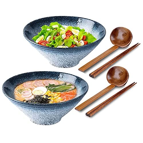 Image of 2 Set Tableware Ceramic Ramen Bowl - Japanese Noodles Bowls Dinner Sets for Pasta Soup Pho Mixing Salad Dishes Snack cereal Food with Spoons Chopsticks Kit 1000 Ml for New Home House Warming Gifts