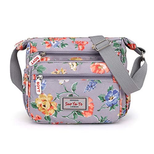 Image of Womens Multi-Pocket Casual Crossbody Handbags Waterproof Flowral Printed Shoulder Nylon Bags Travel Messenger Bags (Floral-Purple)