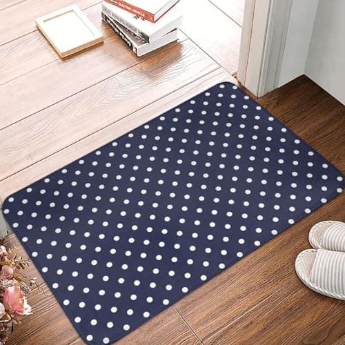 Image of GVYGVY Front Door Mat Outside Indoor Outdoor Entrance - Polka Dots Navy Blue Print Kitchen Rugs Mats for Floor, Bath Mat for Bathroom, Washable Thin Bathroom Rugs Fit Under Door 16 * 24 Inch