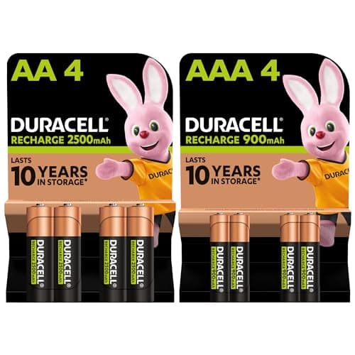 Image of Duracell Rechargeable AA and AAA Batteries (Pack of 4 + 4), 2500 mAh NiMH, 900mAh NiMH, pre-charged, Our No. 1 Longest Lasting Rechargable battery