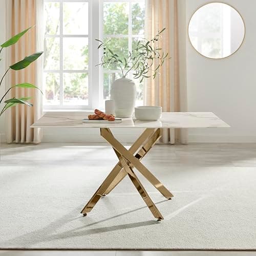 Image of Furniturebox UK Dining Table - Leonardo 6 Seat Dining Table - Glass White Marble Effect Table Shiny Gold Metal Legs -Nested Starburst Design - Modern Contemporary Dining Room Home Kitchen