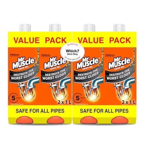 Image of Mr Muscle Drain Unblocker, Sink and Drain Cleaner (4 x 1L) Fast Acting Heavy Duty Gel, Dissolves Clogs, Works 3x Better Than Bleach, Safe for All Pipes, (2 x Duo Pack)