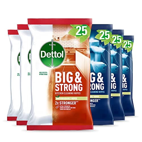 Image of Dettol Big and Strong Kitchen and Bathroom Wipes, 150 Wipes (25 x 6pck), Disinfectant, Home Hygiene, Biodegradable, Kills 99.9 Percent of Germs
