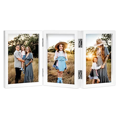 Image of Triple 4x6 Photo Frame Hinged Folding Wood Picture Frame with Glass Front Stand Vertical on Desktop White