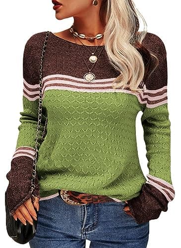 Image of Saodimallsu Women Colorblock Pullover Long Sleeve Knitted Sweater Crew Neck Knitwear Tops for Autumn and Winter,Army Green,L