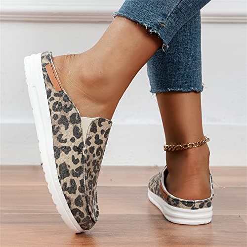 Image of SWTKO Garden Loafer Flat Shoes for Women Lightweight Breathable Backless Slip on Mules Sneakers Comfortable Slippers Canvas Boat Shoes for Walking,leopard print,US8/EU39