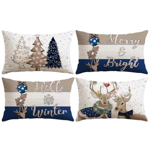 Image of Sungeek Christmas Cushion Covers 30x50 cm Set of 4, Merry & Bright Reindeer Christmas Tree Blue Pillow Covers Hello Winter Holiday Xmas Decorative Throw Pillow Cases for Sofa Bed Couch