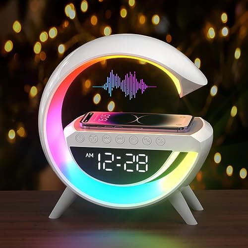 Image of Atmosphere Lamp with Wireless Charger, 15W Led Alarm Clock Dimmable Ambient Light Smart Table Lamp with Bluetooth Speaker Dazzling Running Lights 13 Modes Lights for Adults Kids Office Bedroom