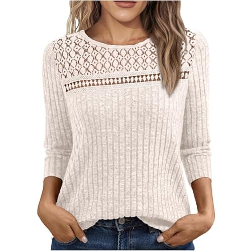 Image of Jumpers for Women UK Lace Ribbed Knit Sweater Casual 3/4 Sleeve Fashion Crew Neck Sweatshirts Elegant Ladies Jumper Women's Comfy Lightweight Pullover Tops Beige