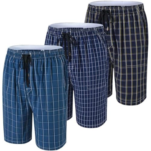 Image of JINSHI Mens Cotton Pyjama Bottoms Sleepwear Lounge Shorts Classic Check Plaid Casual Summer Sleeping Pyjama Shorts 3 Pack Size Tag US 2XL= EU 3XL