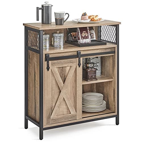 Image of VASAGLE Sideboard, Storage Cabinet, Kitchen Cupboard with Sliding Barn Door, 30 x 70 x 80 cm, Adjustable Shelf, Open Compartment, Rustic Style, for Living Room, Toasted Oak Colour and Black LSC089B50