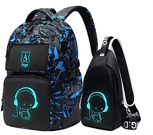 Image of Asge School Bags for Teenage Boys Camo Casual Backpacks Luminous Unisex Kids Rucksack Travel Canvas Daypack College Bookbag Waterproof Lightweight Student Back Pack Sling Shoulder Backpacks Set