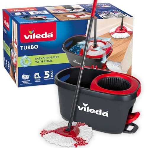 Image of Vileda Easy Wring & Clean Spinning Mop & Bucket Set with Pedal | Vileda | 3 Piece Handle 130 cm | Floor Mop with Rotating Wringer | Turbo Refill 100% Microfibre Mop Head |