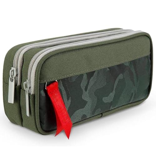 Image of RubyTint Multi-Compartment Pencil Case – Large Capacity Fabric School Stationery Organizer with Triple Pockets, Portable Pen Pouch for Kids, Boys & Girls, Camo Design (Green)