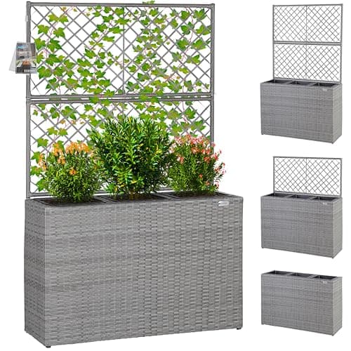 Image of CASARIA® Large Rattan Garden Trough Planter With Trellis, 3 Pots, Raised Bed, Plant Pots Indoor or Outdoor, Plant Pots, Plant Pot for Outdoor Garden Patio, Growing Climbing Frame Support | Grey