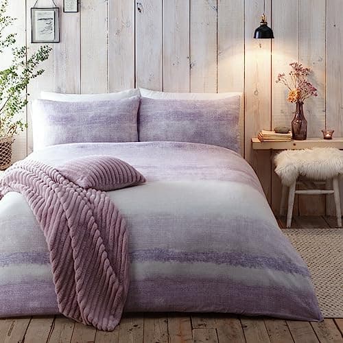 Image of Appletree Mauve Gradient Stripe Duvet Cover Single (140x200cm) – 100% Brushed Cotton – 1 Pillowcase – Soft Tip Dye Purple Bedding – Reversible Quilt Cover – Cosy Autumn Bedroom Linen Set
