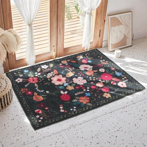 Image of Minicoco Boho Floral Doormat 40x60cm Machine Washable Non-Slip Low Pile Indoor/Outdoor Rug - Waterproof Entrance Mat for Hallway, Kitchen, Front Door (Black)