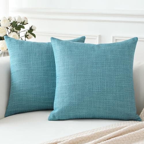 Image of Artscope Cushion Covers Set of 2 Linen Decorative Square Pillowcases Pillow Covers 45x45cm for Home Decor Sofa Bedroom Car (Turquoise, 18x18)