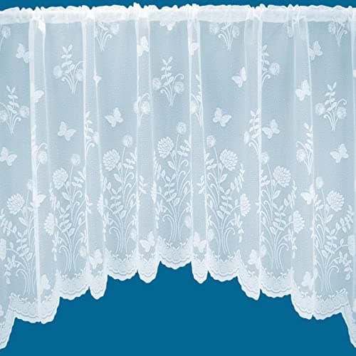 Image of Country Garden Butterfly Jardiniere Arched Floral Pattern Net Curtains In White - Sold in Set Sizes ((254cm (100") Wide x 107cm (42") Drop))