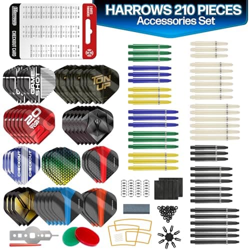 Image of Harrows Trophy 210pc Darts Accessories Set - Amazing Bundle Includes Dart Stems, Dart Flights, Dart Rings, Dart Sharpener, Dart Tool, Flight Protector, Finger Wax, Practice Rings & FREE Checkout Card