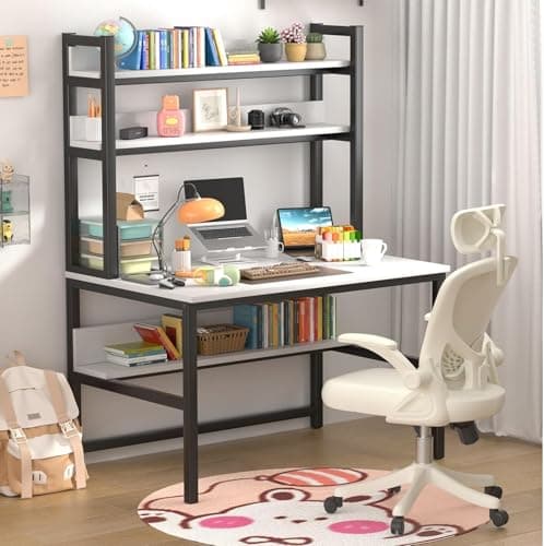 Image of Aquzee Computer Desk with Shelves, 120 cm Desk with Hutch and Bookshelf, Study Table Desks & Workstations for Bedroom, Space Saving 3 Tier Storage Shelves, White Work Desk for Home Office