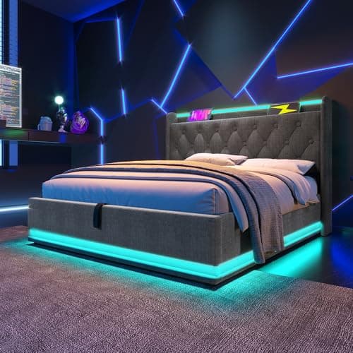 Image of Ball & Cast King size Ottoman Bed with 360 Surround Led Function,Hydraulic Storage Bed Frame with Large Storage Space, 5ft King size Bed Frame with Charging Function,150x200,PU, Grey