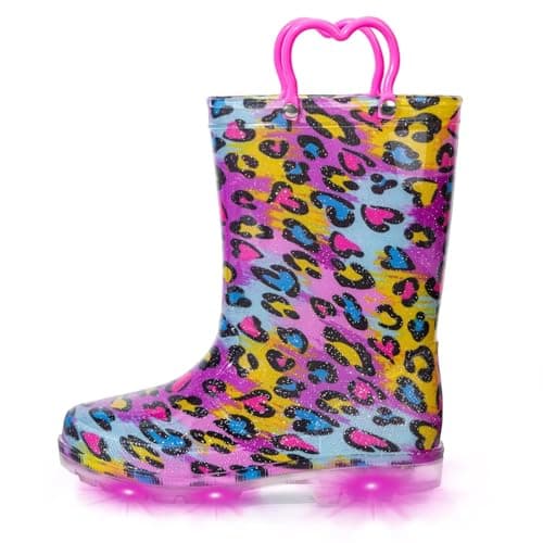 Image of EUXTERPA Light Up Wellies for Boys Girls, Girl Leopard Kids Welly Boots Children Wellingtons Waterproof Boots with Handle Size 2 UK Child